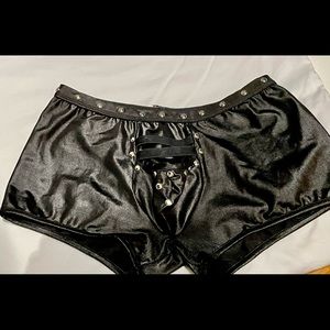 Mens faux leather bondage/edging square cut briefs.